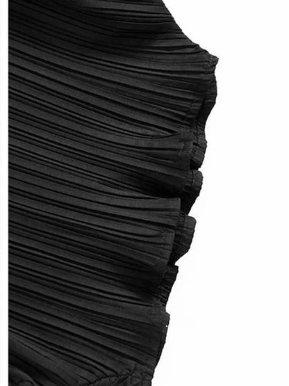 Women Black Pleated Stitch Big Size T-shirt New Round Neck Long Flare Sleeve  Fashion Tide  Spring Autumn