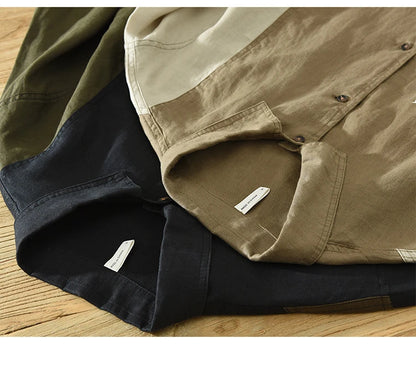 Summer New Casual Patchwork Shirt for Men Clothing Vintage Pure Linen Short Sleeve Streetwear