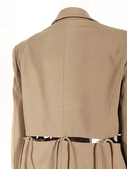 Women Khaki Bandage Hollow Out Casual Blazer New Lapel Long Sleeve Loose Fit Jacket Fashion Spring Autumn