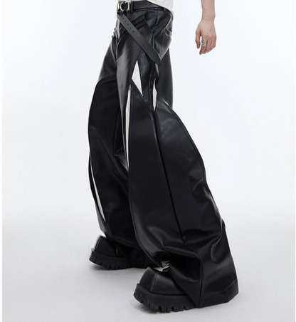 Long Loose Casual White and Black Patchwork Pu Leather Pants Men Wide Leg Trousers