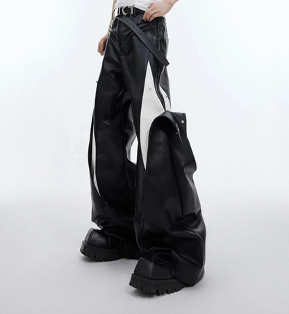 Long Loose Casual White and Black Patchwork Pu Leather Pants Men Wide Leg Trousers