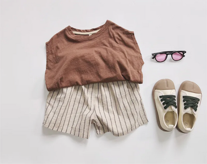 Striped Outfits Cotton Linen Shorts 2pcs