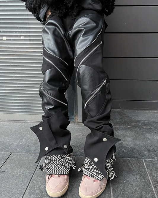 Patchwork Pu Leather Pants Men with Many Zippers Luxury Designer Clothing Trousers