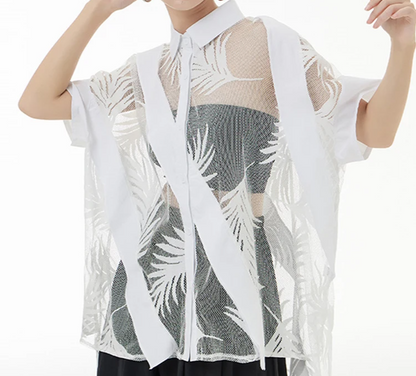 Lace Perspective Big Size Blouse New Lapel Half Sleeve Loose Fit Shirt Fashion Tide Spring Summer