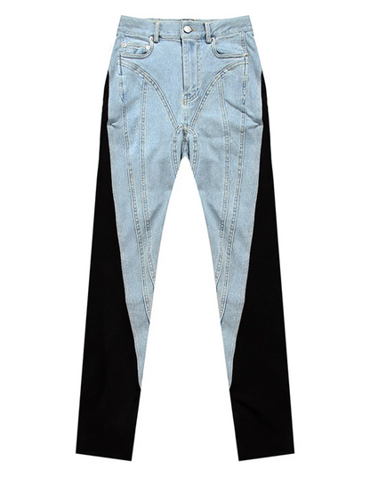 Blue Color-block Pockets Long Pencil Jeans