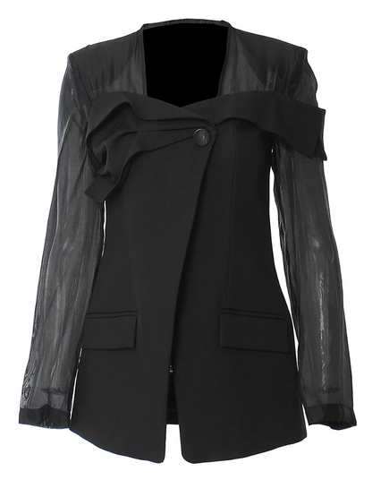 Mesh Perspective Elegant Blazer New Square Collar Long Sleeve Jacket Fashion Tide Spring Autumn