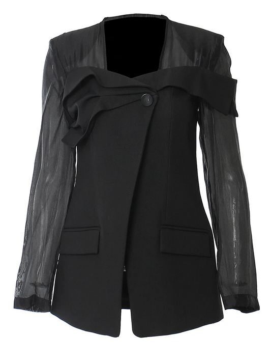 Mesh Perspective Elegant Blazer New Square Collar Long Sleeve Jacket Fashion Tide Spring Autumn