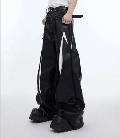 Long Loose Casual White and Black Patchwork Pu Leather Pants Men Wide Leg Trousers
