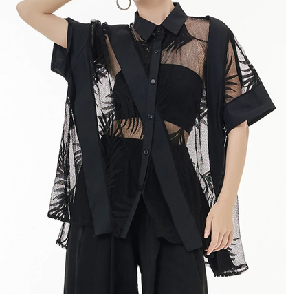 Lace Perspective Big Size Blouse New Lapel Half Sleeve Loose Fit Shirt Fashion Tide Spring Summer