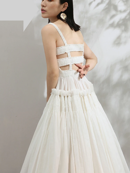 New Summer Strapless Back Hollow Out Square Pleated Slim Big Hem White Temperament Dress Women Fashion