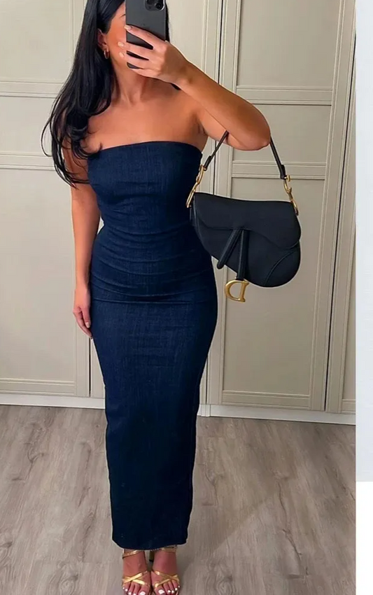 Strapless Backless Zipper Split Dress Party Blue Denim Female Long Dress for Women Summer Evening Dresses