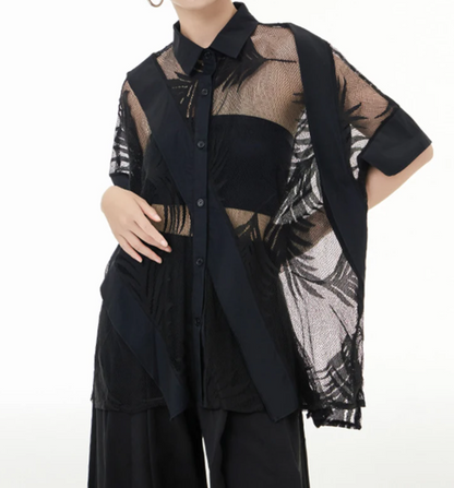 Lace Perspective Big Size Blouse New Lapel Half Sleeve Loose Fit Shirt Fashion Tide Spring Summer