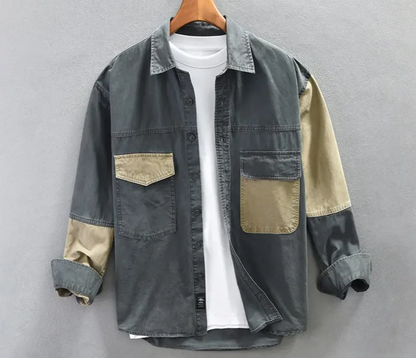 Stitching Three Dimensional Pocket Men Long Sleeved Shirt Spring 2024 New In Man Fashion All Match Pure Cotton