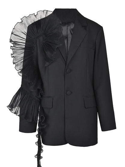 Women Black Organza Ruffles Big Size Blazer New Lapel Long Sleeve Loose Fit Jacket Fashion Spring Autumn