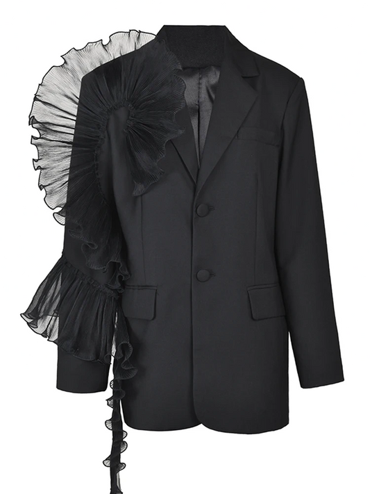 Women Black Organza Ruffles Big Size Blazer New Lapel Long Sleeve Loose Fit Jacket Fashion Spring Autumn