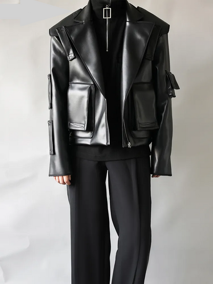 Oversized Short Black 
 Faux Leather Jacket