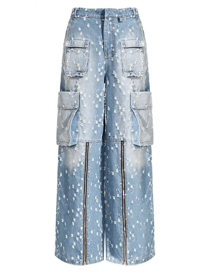 Waist Blue Denim Holes Big Pocket Wide Leg Wide Leg Jeans New Women Trousers