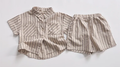 Striped Outfits Cotton Linen Shorts 2pcs