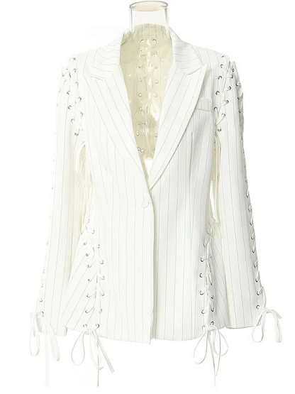 Women Beige Striped String Bandage Elegant Blazer