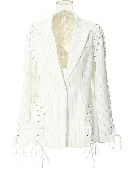 Women Beige Striped String Bandage Elegant Blazer